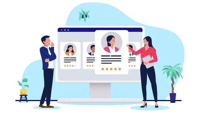 cartoon business people scroll through applications on a monitor