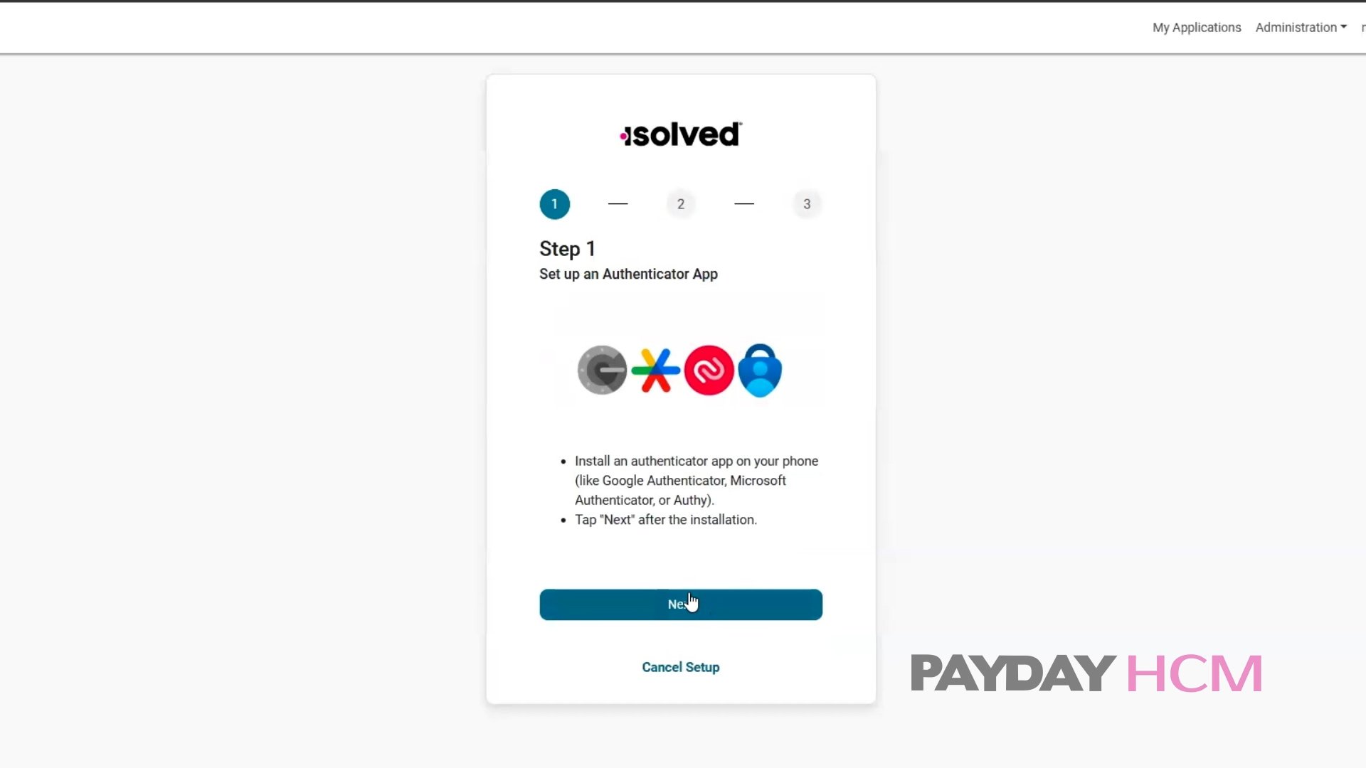 isolved step one authenticator app setup