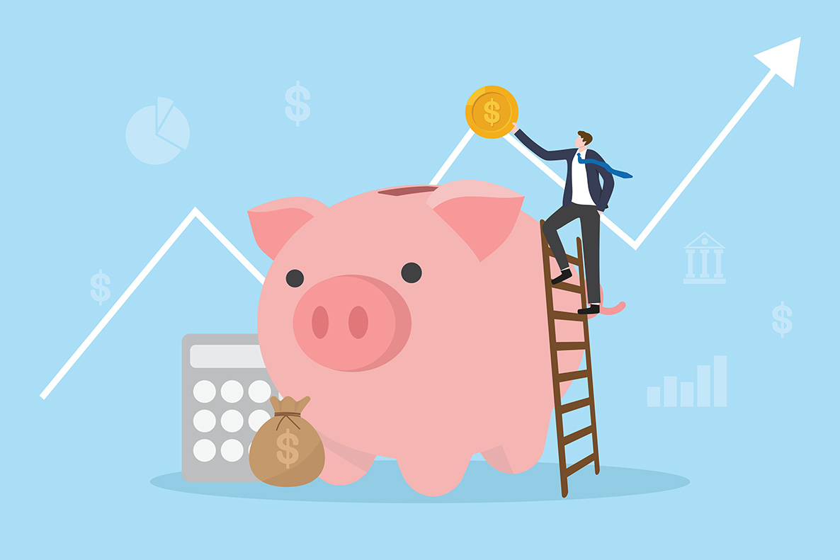 A cartoon depicting a man on a ladder dropping a large coin into a large piggy bank.