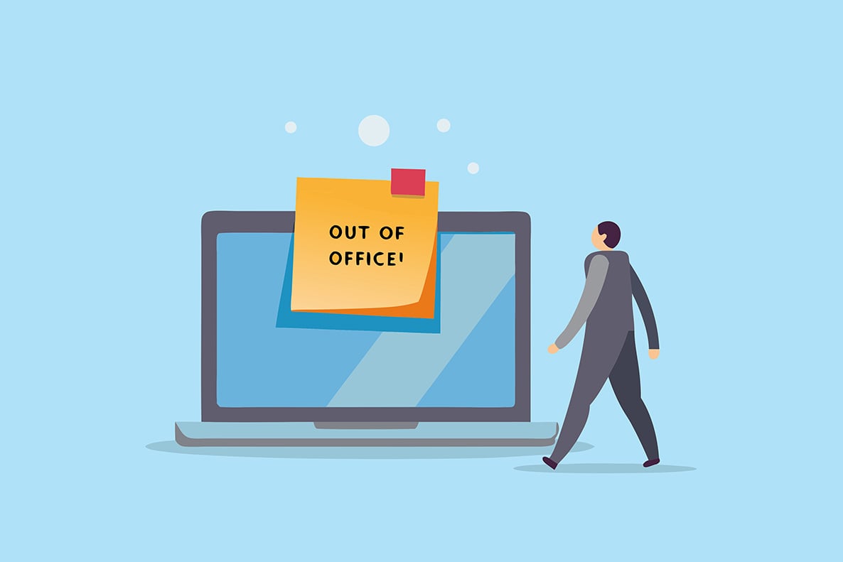 an illustration of a man walking up to a computer with an out of office note taped to it.