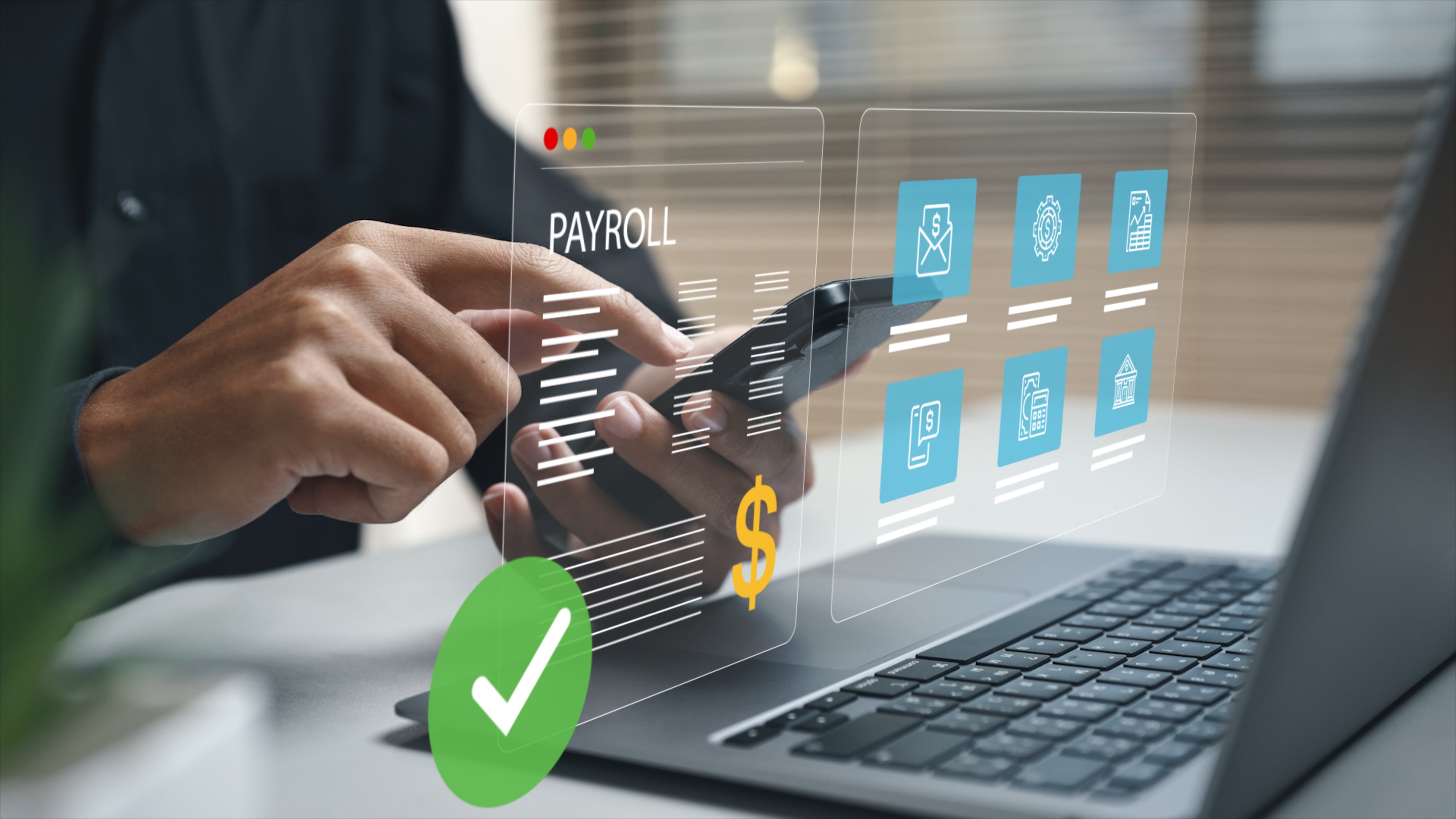 A business person looking at their phone with payroll graphics hovering in frame.