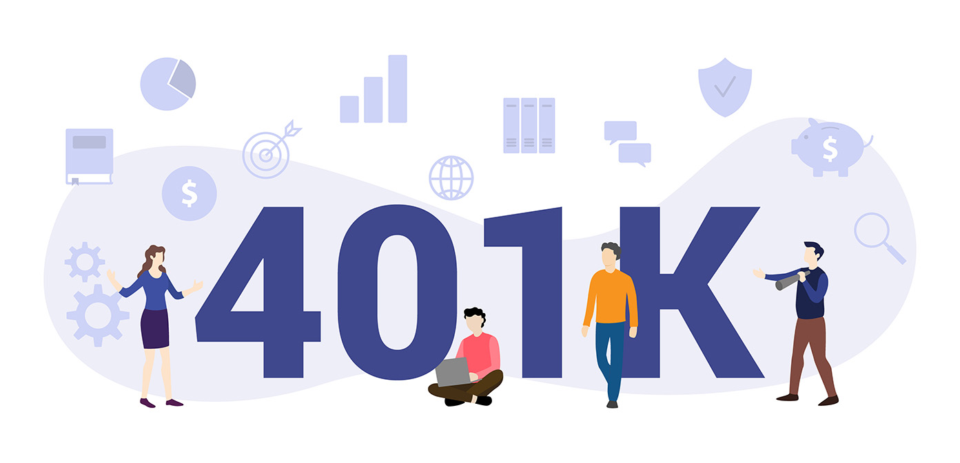 a graphic with people standing around lettering that says 401k