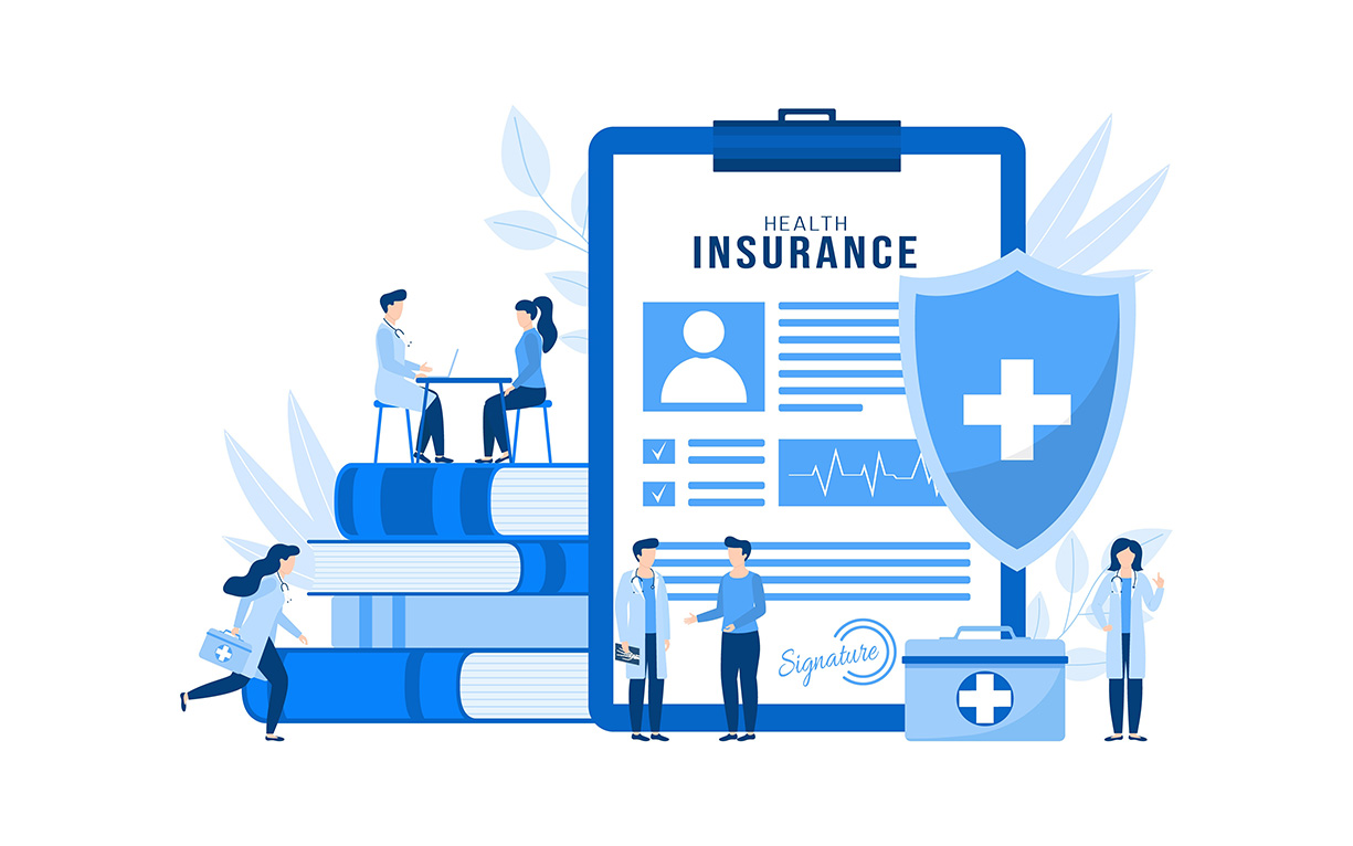 a graphic featuring doctors standing around large books and a clipboard with a health insurance paper on it