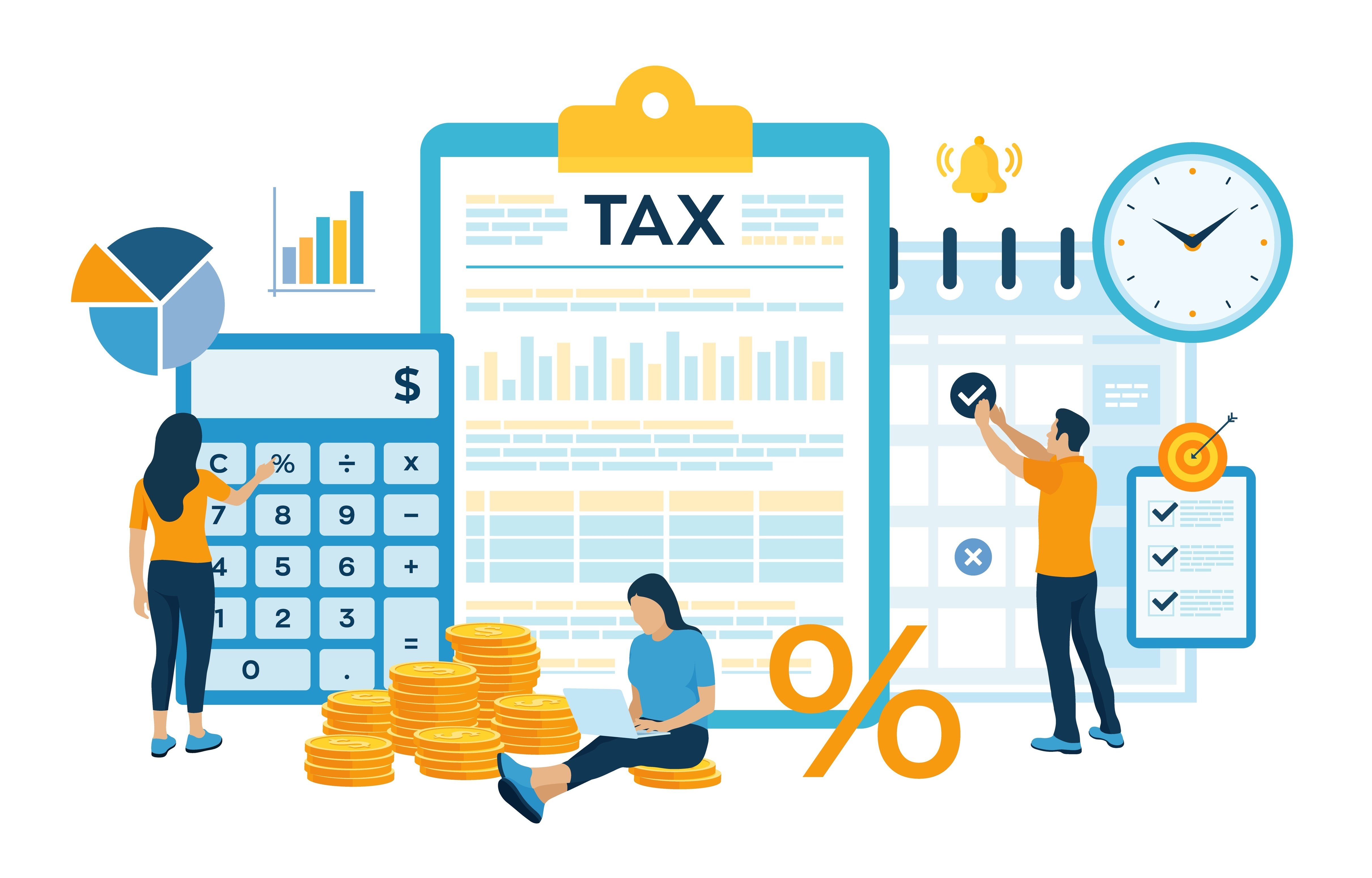 a graphic featuring people looking at large icons of a calendar clipboard with tax on it and a calculator