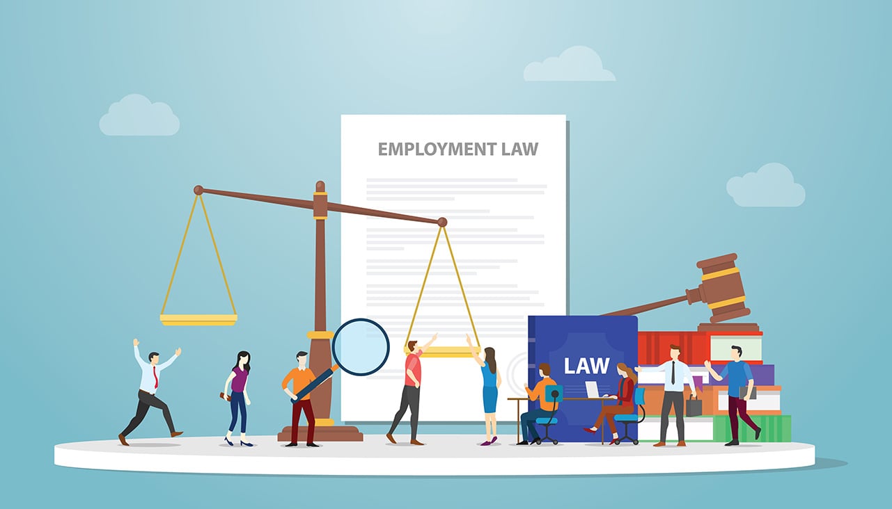 a graphic with people standing near large illustrations of a scale a paper reading employment law and a stack of books