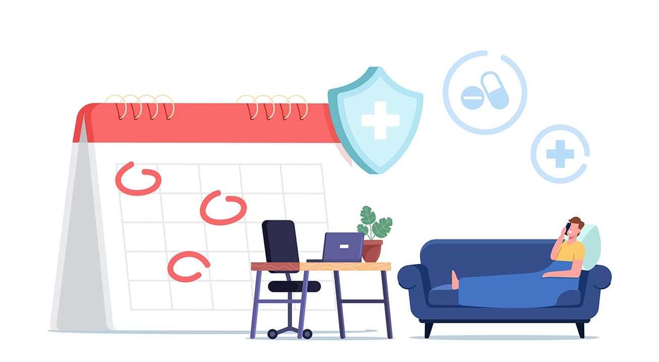 a graphic of a man sitting on a couch calling into work with his desk and a calendar behind him