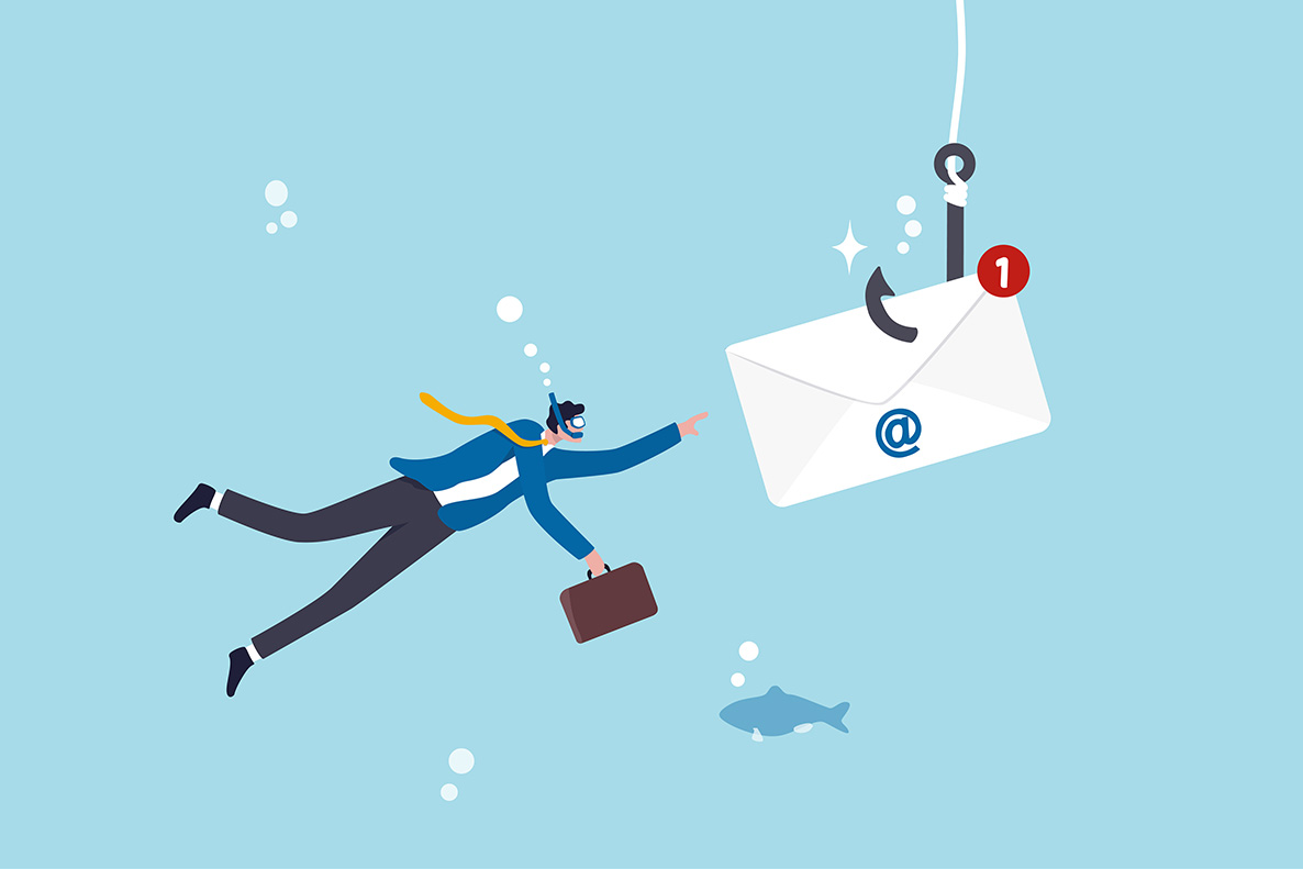 a vector drawing of a corporate person in a suit with a briefcase swimming toward an envelope on a fishing hook representing phishing