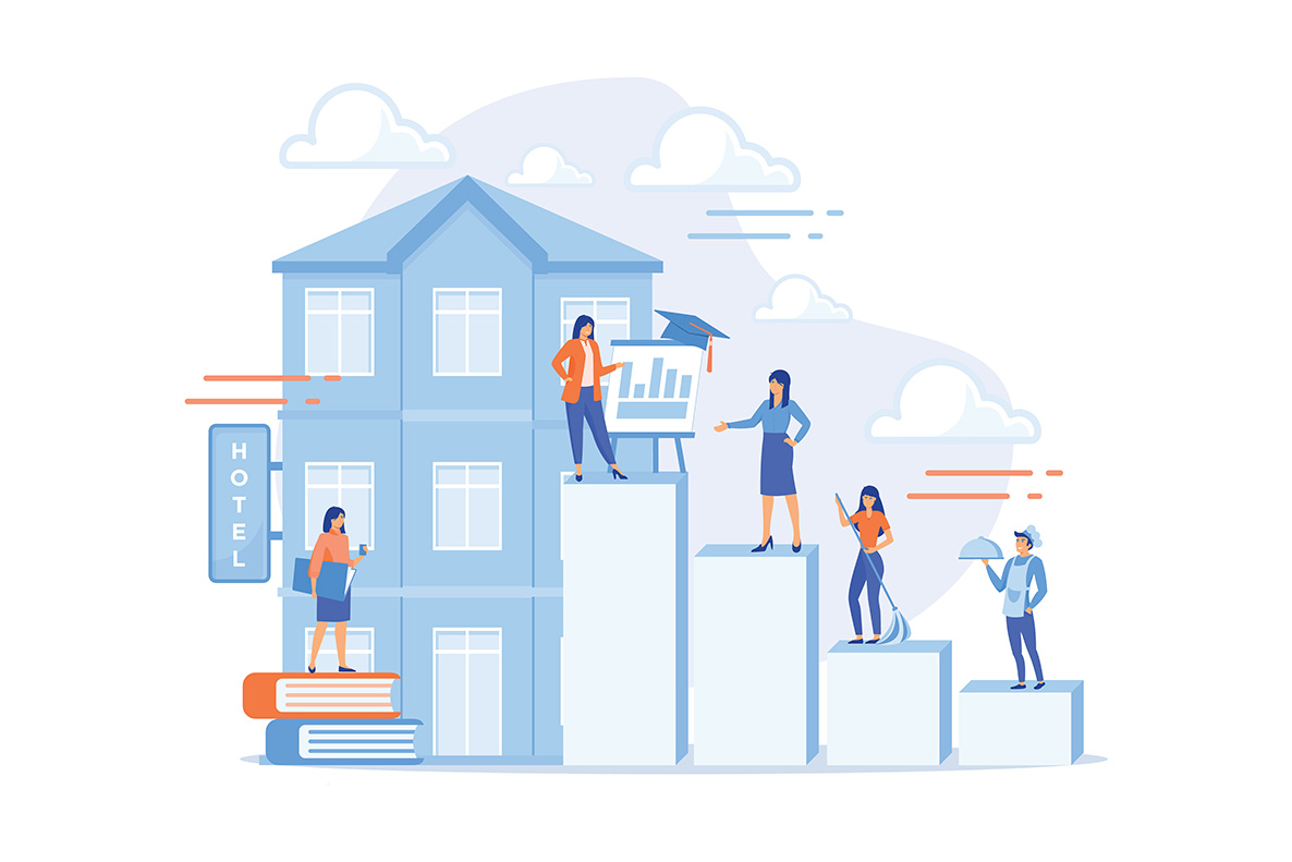 a graphic featuring a hotel and illustrated people performing different tasks.