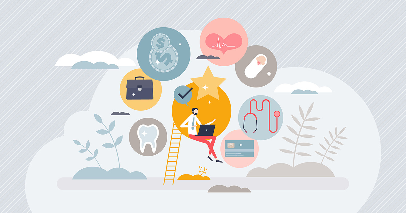 a graphic with a man and floating icons for different employee benefits.