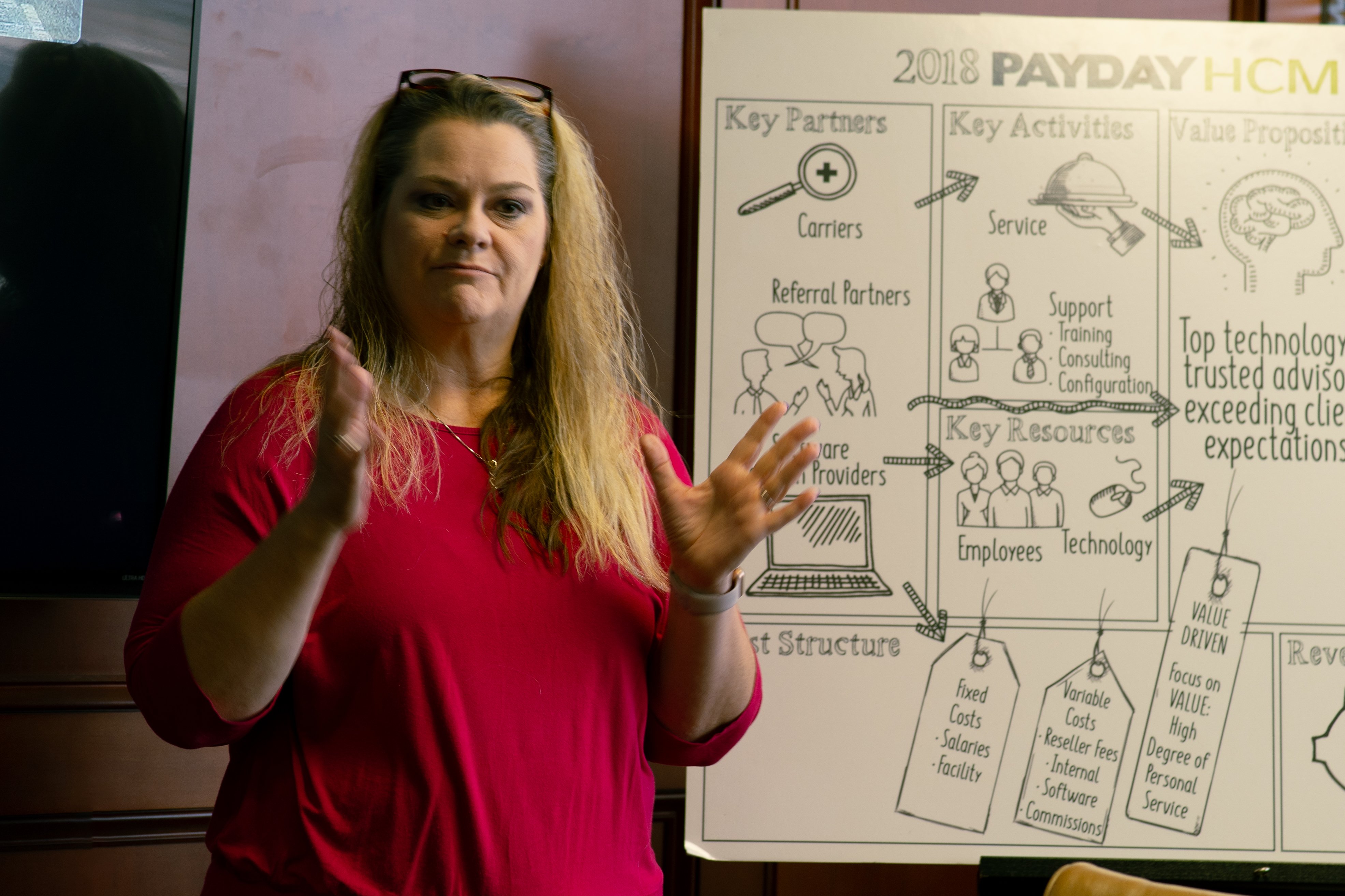 payday director of operations liz mink talks in front of a presentation board