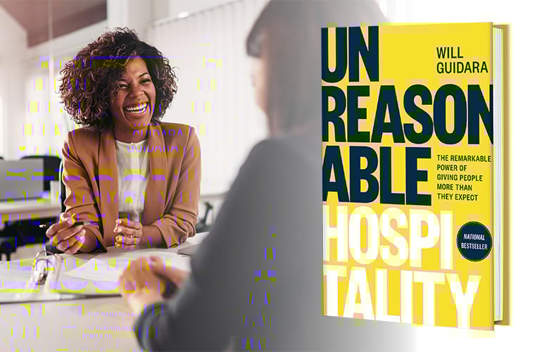 a graphic featuring a woman talking to a customer and the book unreasonable hospitality by will guidara.