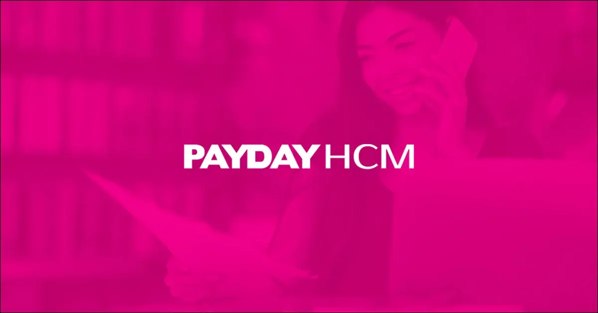 a woman talking on the phone with payday hcm laid over it